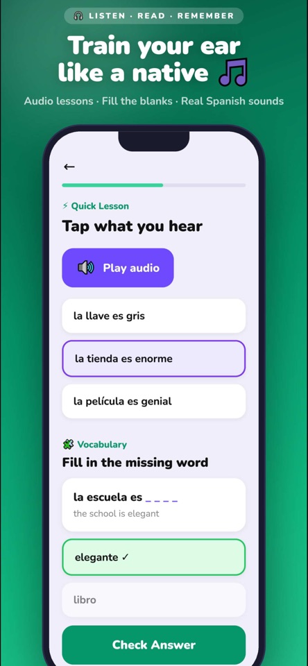 Habla app: listening exercise and vocabulary practice